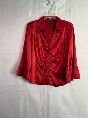Sunny Taylor Red Satin Ruched Button-Front Blouse